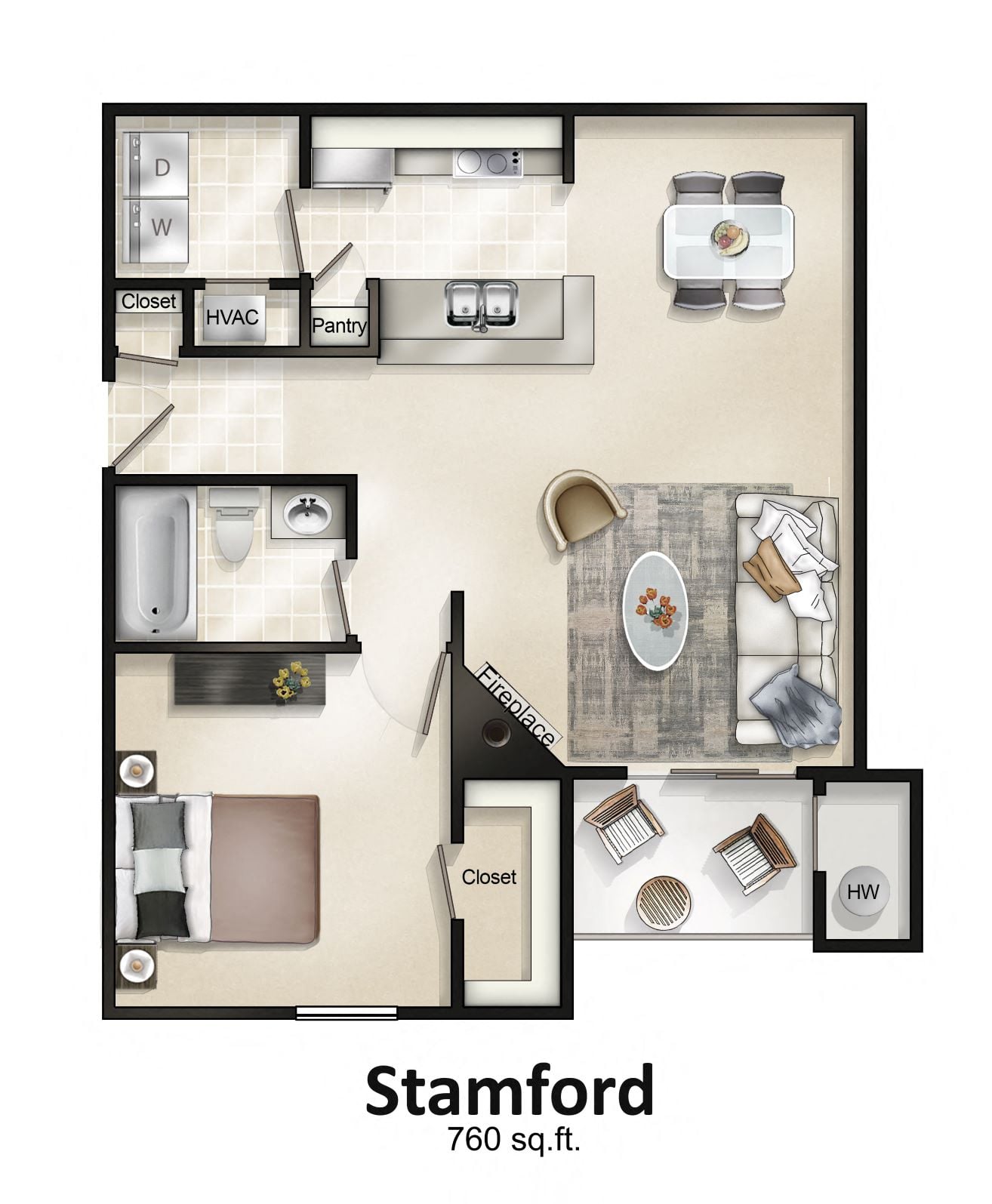 Floor plan for 1 bed, 1 bath, 760 sqft